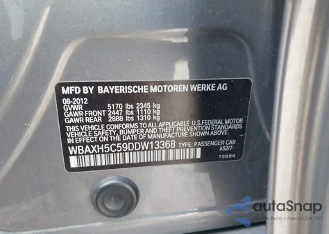 2013 BMW 528I xDrive z USA, uszkodzony, nr VIN WBAXH5C59DDW13368